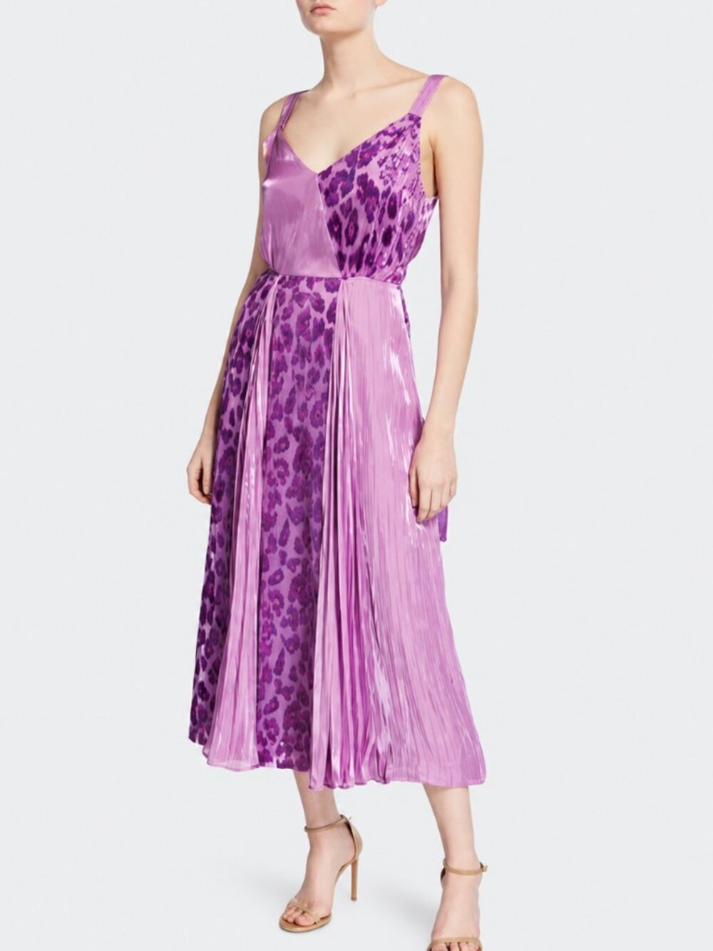 Rejina Pyo Rosa Pleated Leopard Print Cocktail Midi Dress Purple Size 8
